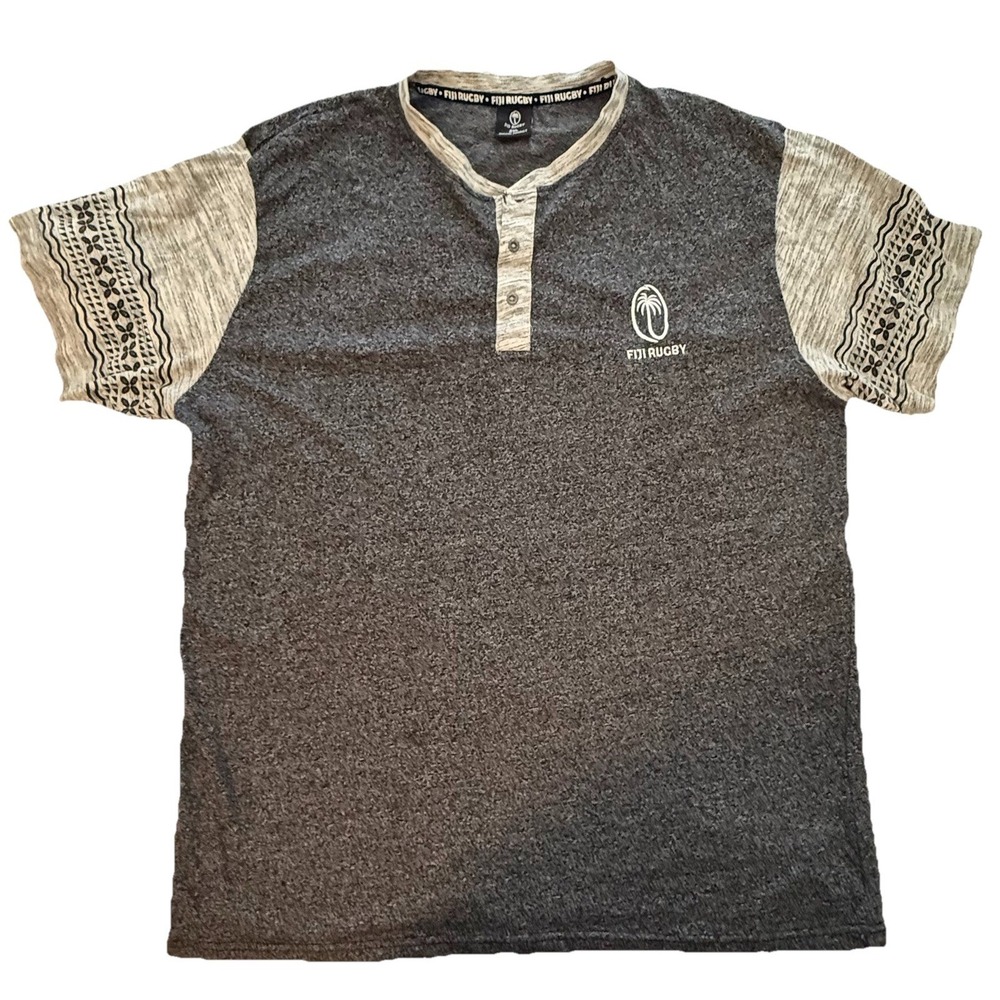 2XL Fiji Rugby Collarless Polo Style Gray Jersey T Tribal Sleeve Design Sporty